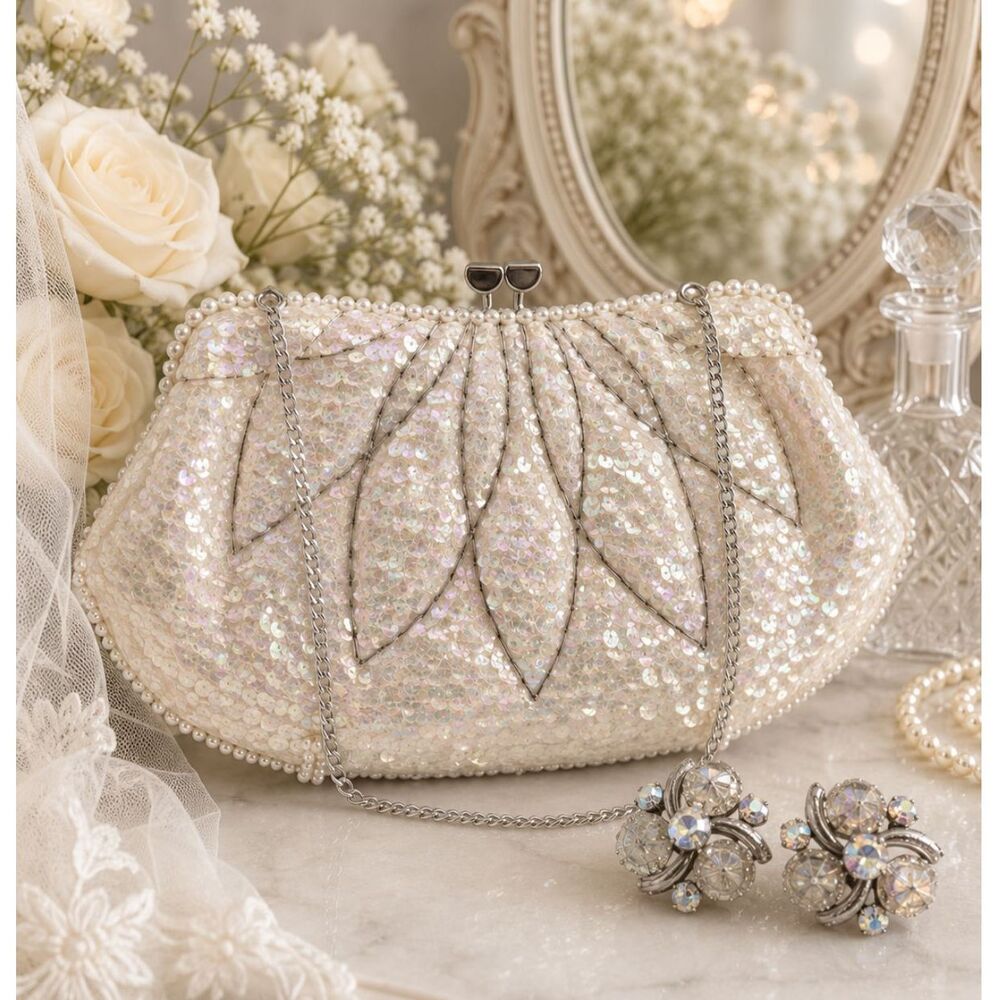 Vintage 1960s La Regale Sequin Evening Clutch Ivory Pearl Bridal Purse Kiss Lock